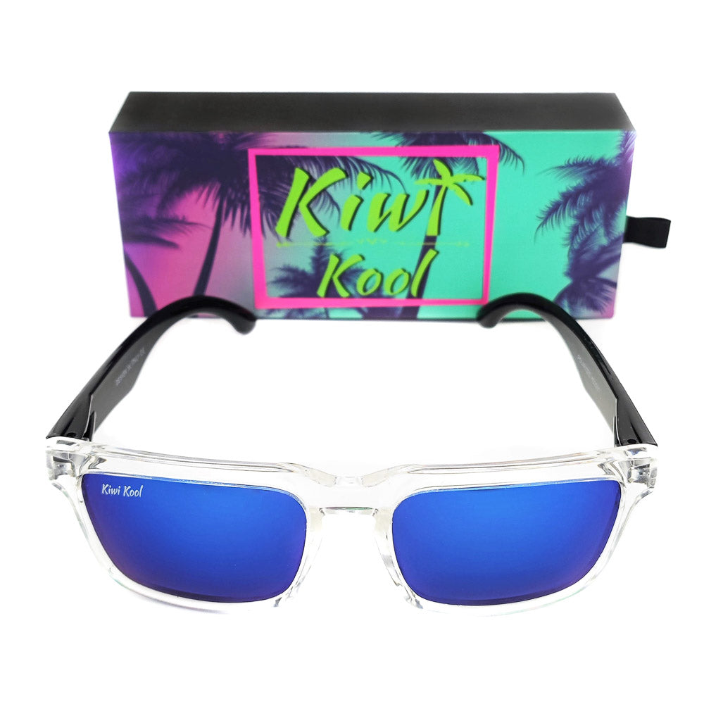 "Malibu-Arctic Storm" Men's Polarized Sunglasses with Blue Mirrored Lenses - Clear Sunglasses With See Through Frame