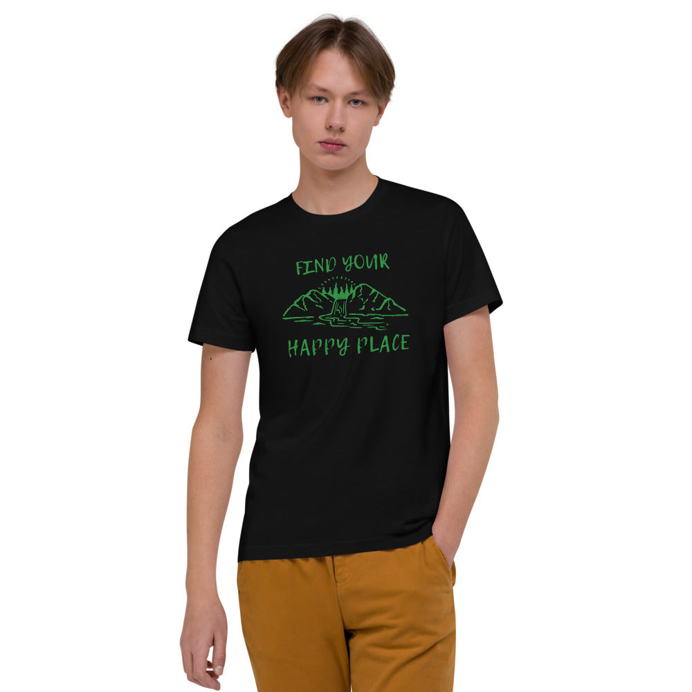 "Find Your Happy Place" Mountain & River Nature Unisex Organic Cotton T-Shirt