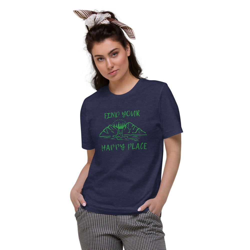 "Find Your Happy Place" Mountain & River Nature Unisex Organic Cotton T-Shirt