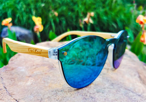 "Copacabana" Bamboo Wooden Rimless Mirrored Sunglasses (Green/Blue Lens or Orange Lens)