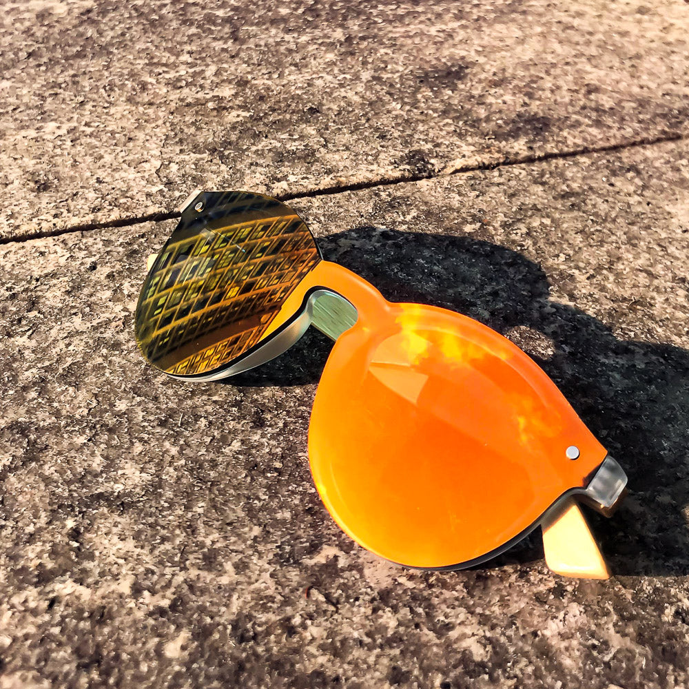 "Copacabana" Bamboo Wooden Rimless Mirrored Sunglasses (Orange or Green/Blue Lens)