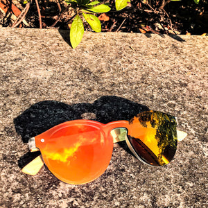 "Copacabana" Bamboo Wooden Rimless Mirrored Sunglasses (Orange or Green/Blue Lens)