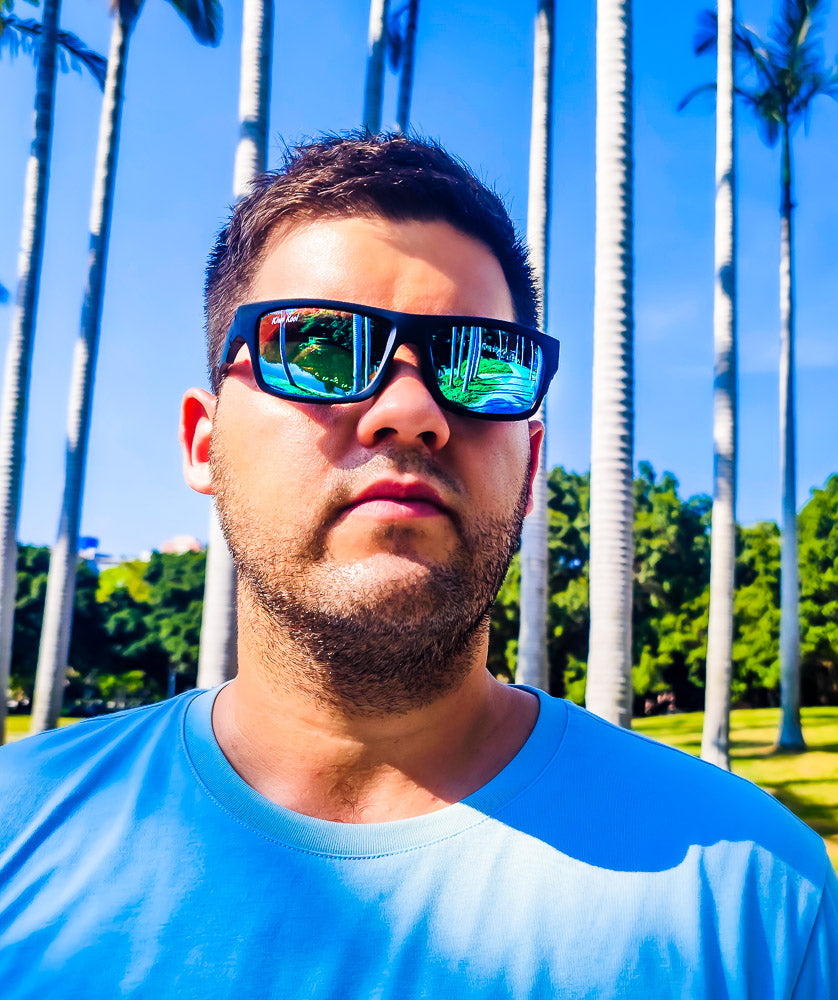 Polarized Black Sports Sunglasses with Blue Mirror Lenses for Men - Kiwi Kool
