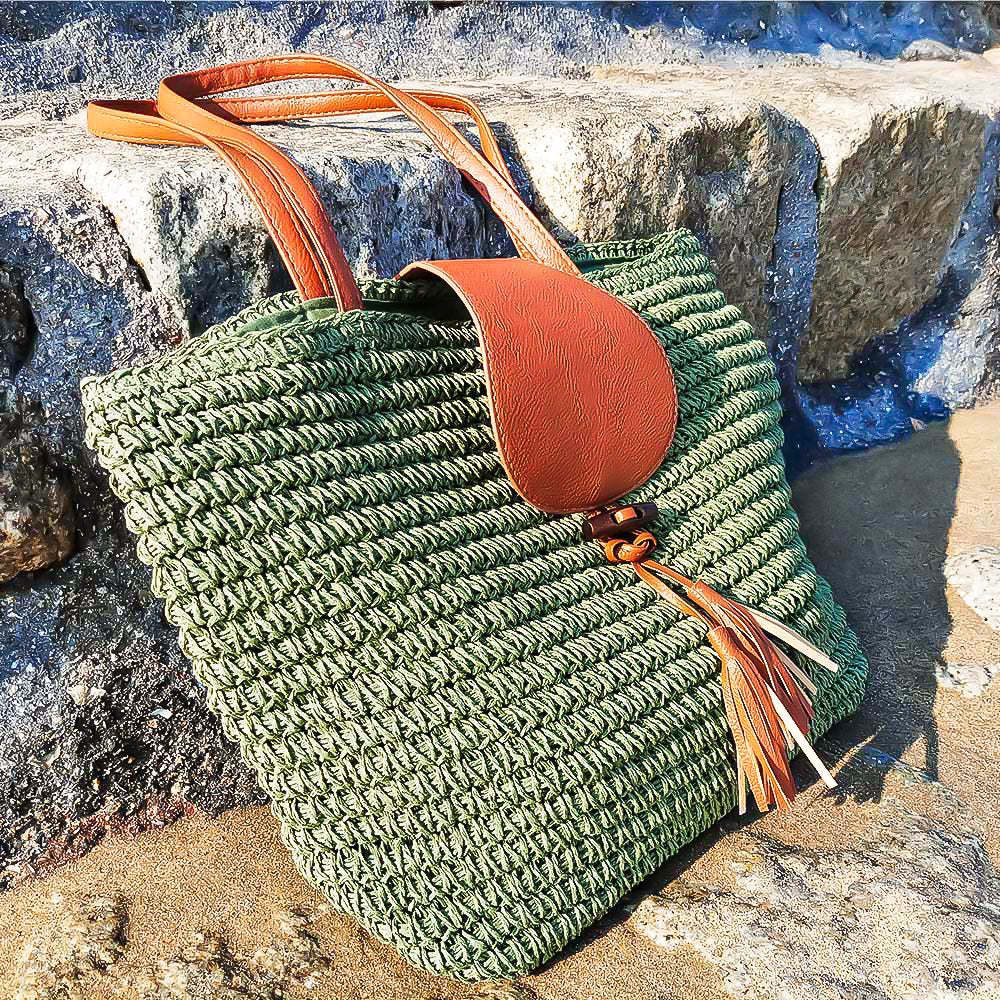 Green Tote Straw Bag for Women