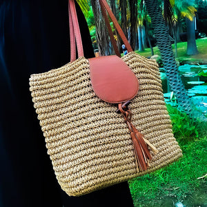 Vintage 80s Handbag / Woven Straw and Leather Bali Bag /