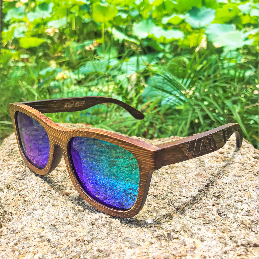 Okinawa Men's Polarized Bamboo Wooden Sunglasses- Tribal Engraved Wood (Green or Grey Lens) Grey Lens