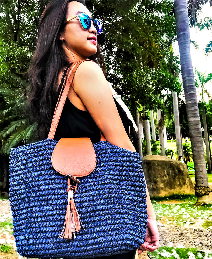 Blue Straw Tote Bag for Women