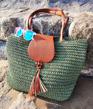 Straw Tote Bag with Top Handle - Sage Green - Accessories
