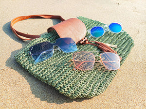 green summer straw tote bag
