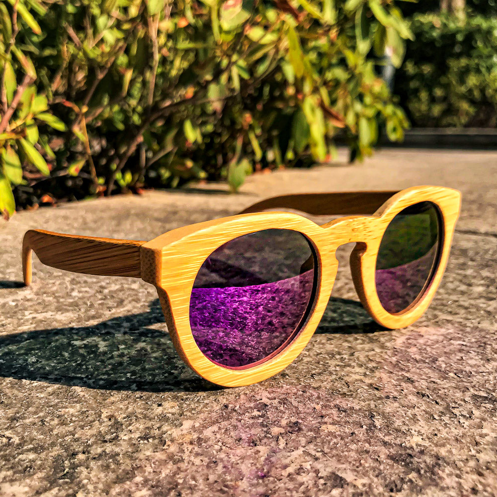 Melbourne Women's Cat Eye Polarized Bamboo Wood Sunglasses (Purple Lens or Ice Blue Lens) Ice Blue Lens