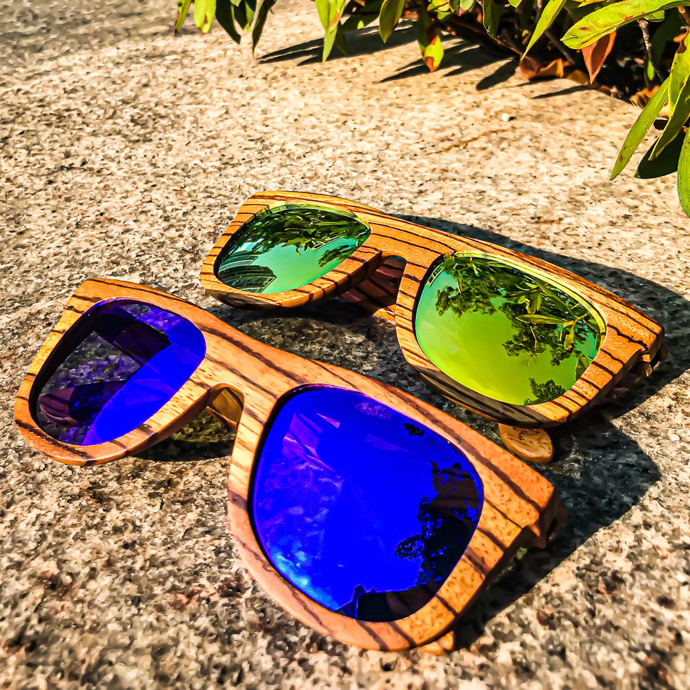 Congo Zebrawood Polarized Wooden Sunglasses - Blue or Yellow Lens Blue Lens