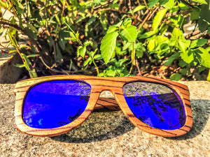 Zebrawood Wooden Sunglasses with Blue Mirror Lenses