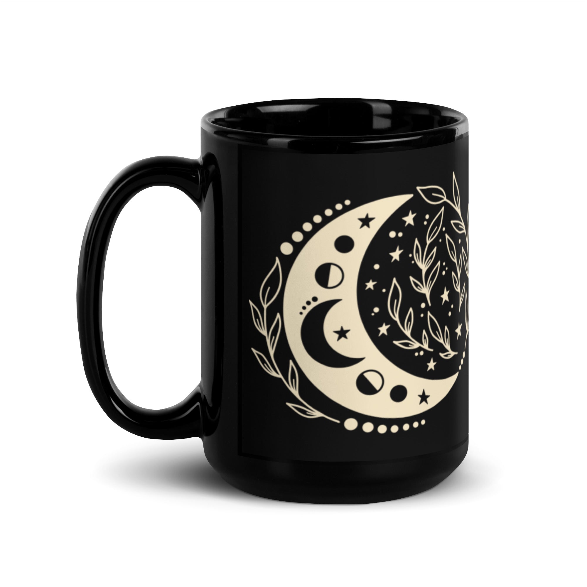 black and gold boho moon phase mug