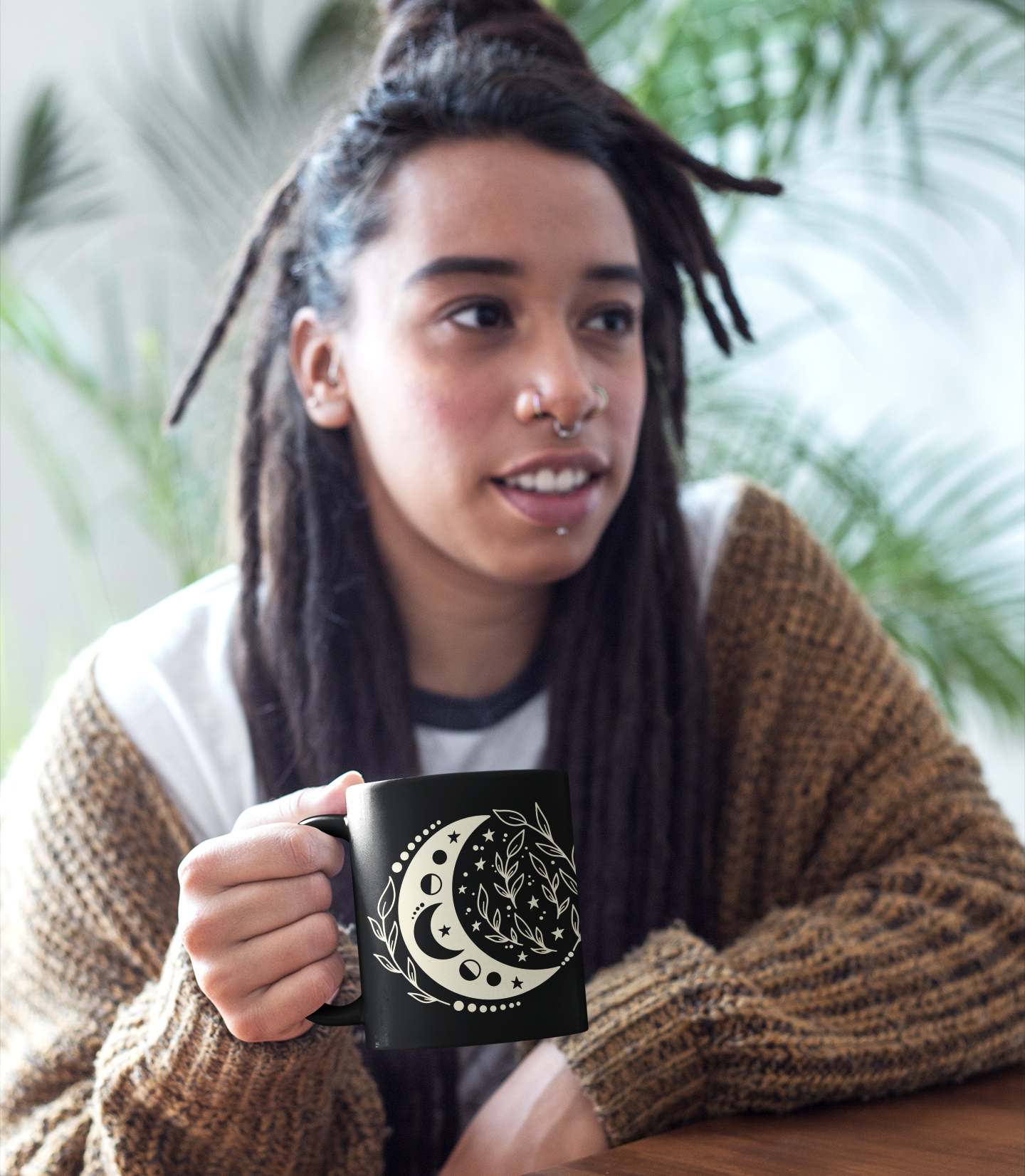boho moon phase coffee mug black
