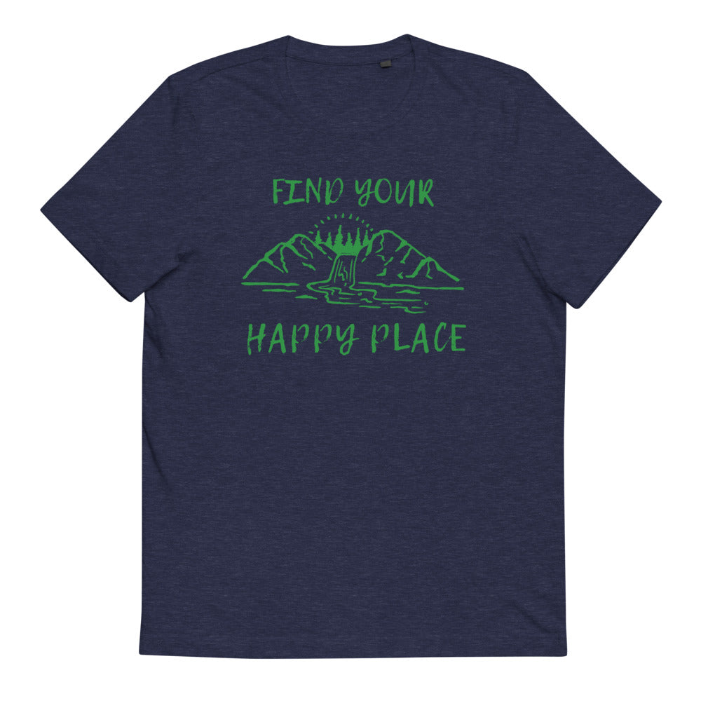 "Find Your Happy Place" Mountain & River Nature Unisex Organic Cotton T-Shirt