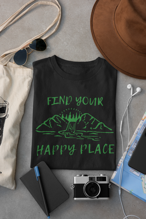 "Find Your Happy Place" Mountain & River Nature Unisex Organic Cotton T-Shirt